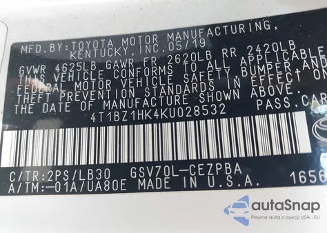 2019 Toyota Camry Xse V6 z USA, uszkodzony, nr VIN 4T1BZ1HK4KU028532